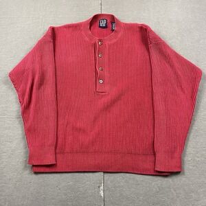 Vintage GAP Sweater Mens Medium Red Henley Ribbed Pullover Preppy 90s Old Money